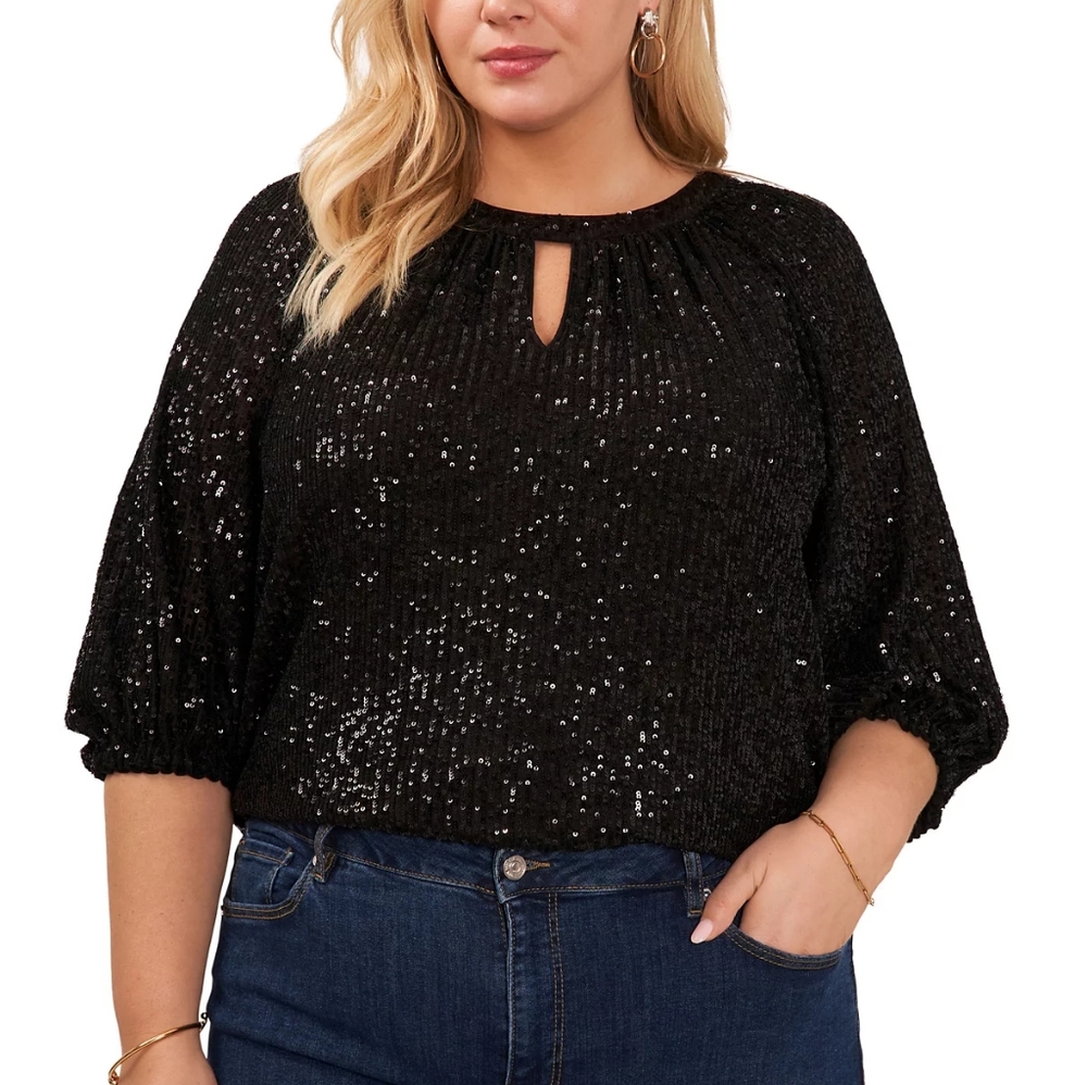 NWT Glamorous VINCE CAMUTO Women's Plus Sequined Black Keyhole Blouse (3X)